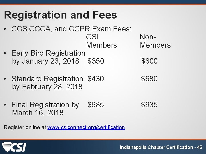 Registration and Fees • CCS, CCCA, and CCPR Exam Fees: CSI Members • Early
