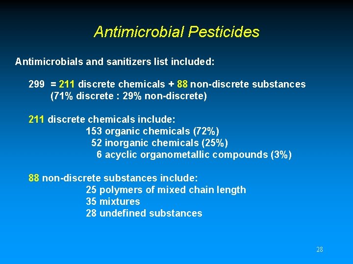 Antimicrobial Pesticides Antimicrobials and sanitizers list included: 299 = 211 discrete chemicals + 88