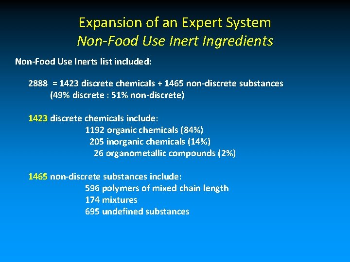 Expansion of an Expert System Non-Food Use Inert Ingredients Non-Food Use Inerts list included: