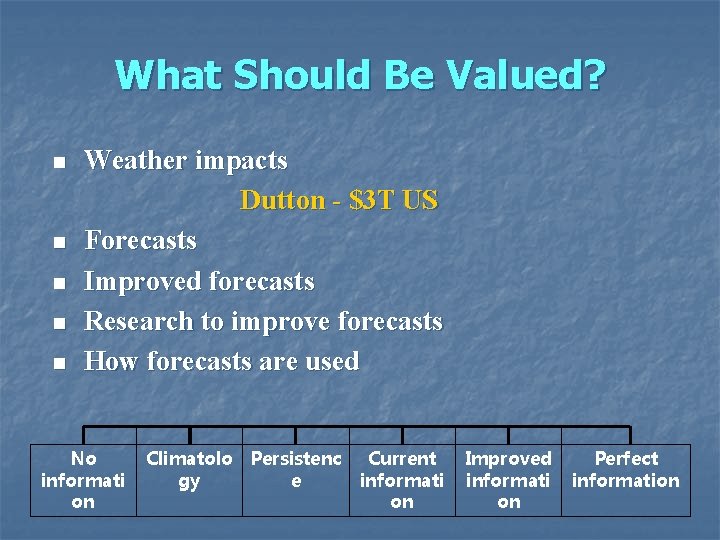 What Should Be Valued? n n n Weather impacts Dutton - $3 T US