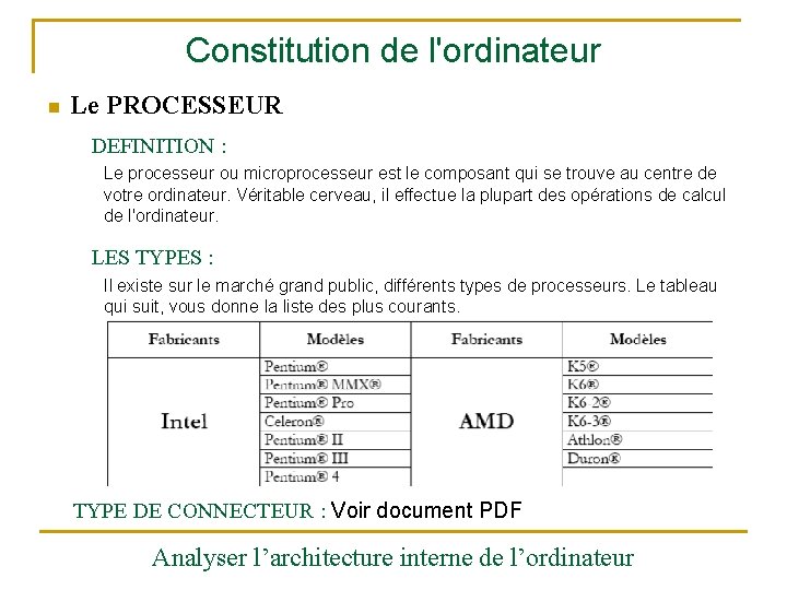 Constitution de l'ordinateur n Le PROCESSEUR DEFINITION : Le processeur ou microprocesseur est le