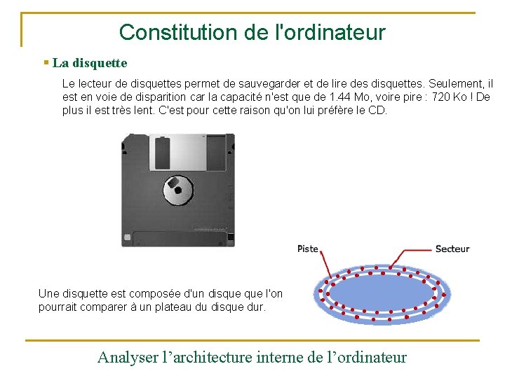 Constitution de l'ordinateur § La disquette Le lecteur de disquettes permet de sauvegarder et