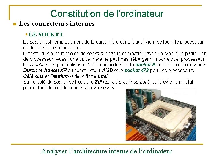 Constitution de l'ordinateur n Les connecteurs internes § LE SOCKET Le socket est l'emplacement