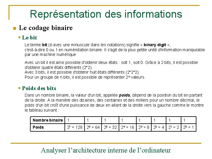 Représentation des informations n Le codage binaire § Le bit Le terme bit (b