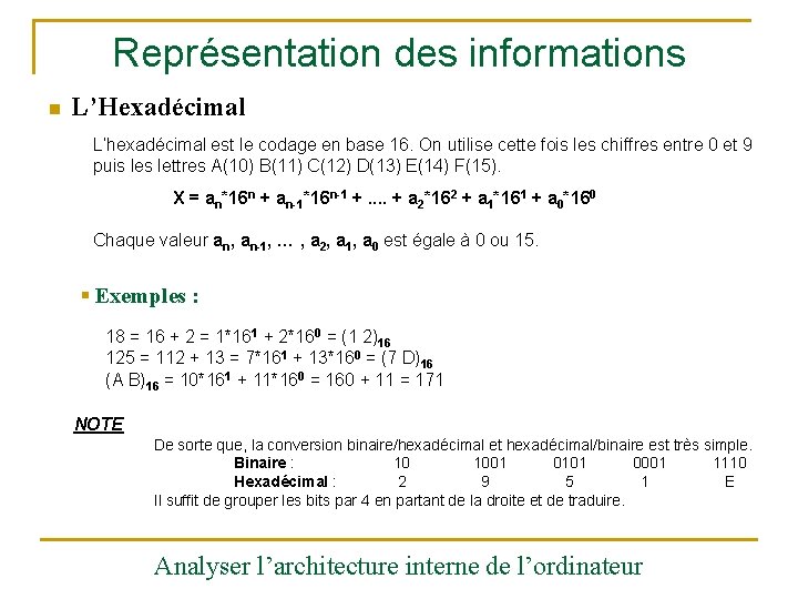 Représentation des informations n L’Hexadécimal L’hexadécimal est le codage en base 16. On utilise