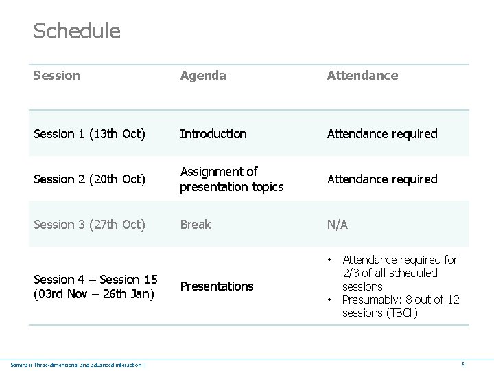Schedule Session Agenda Attendance Session 1 (13 th Oct) Introduction Attendance required Session 2