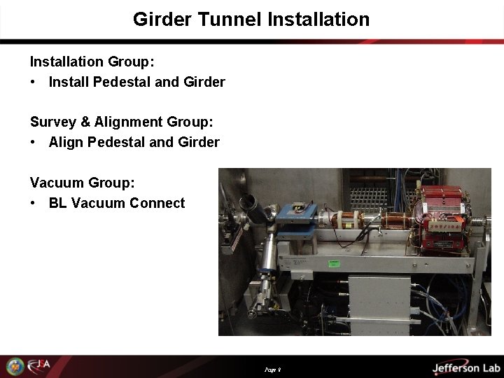 Girder Tunnel Installation Group: • Install Pedestal and Girder Survey & Alignment Group: •