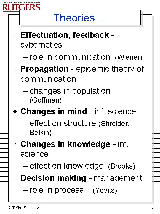 Theories. . . W W Effectuation, feedback cybernetics – role in communication (Wiener) Propagation