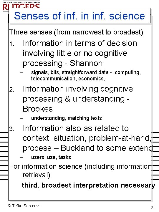 Senses of inf. in inf. science Three senses (from narrowest to broadest) 1. Information