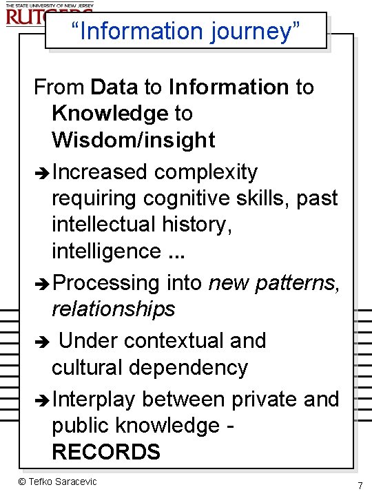 “Information journey” From Data to Information to Knowledge to Wisdom/insight è Increased complexity requiring