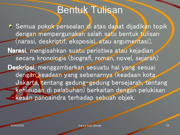 Bentuk Tulisan Semua pokok persoalan di atas dapat dijadikan topik dengan mempergunakan salah satu