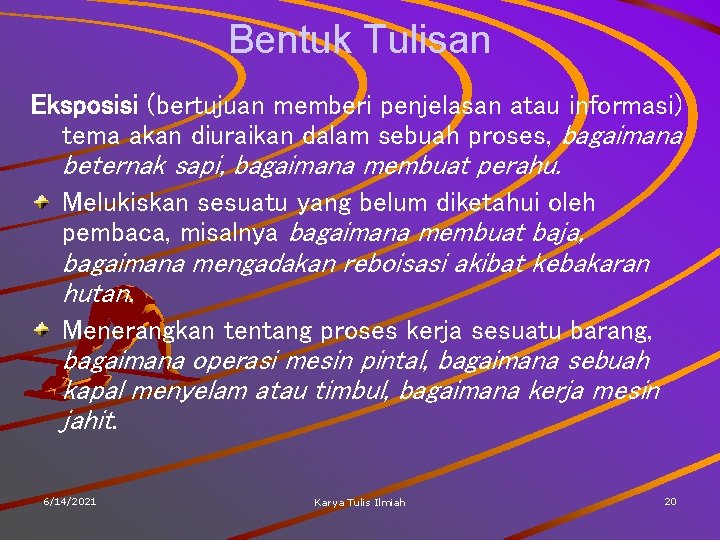 Bentuk Tulisan Eksposisi (bertujuan memberi penjelasan atau informasi) tema akan diuraikan dalam sebuah proses,