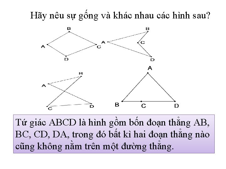 Hãy nêu sự gống và khác nhau các hình sau? Tứ giác ABCD là