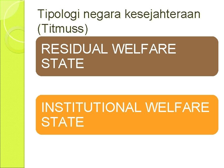 Tipologi negara kesejahteraan (Titmuss) RESIDUAL WELFARE STATE INSTITUTIONAL WELFARE STATE 