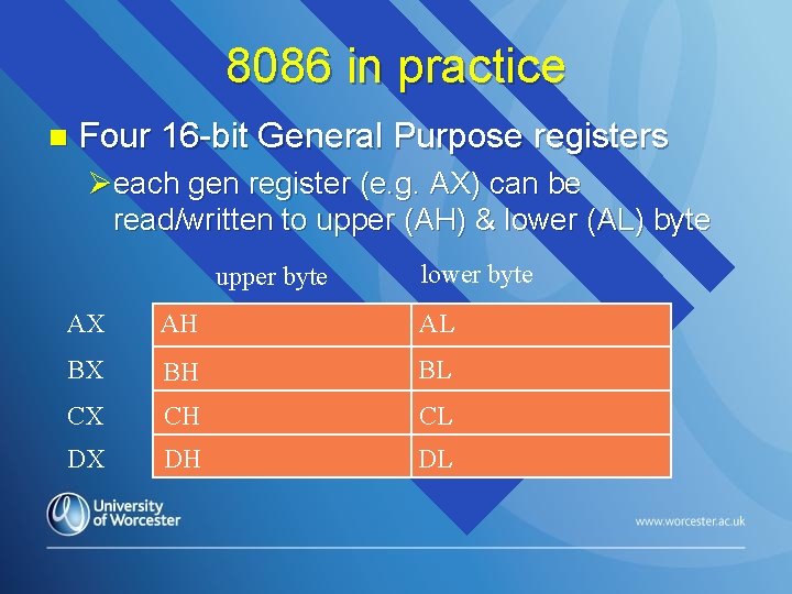 8086 in practice n Four 16 -bit General Purpose registers Øeach gen register (e.