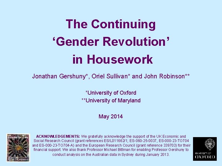 The Continuing ‘Gender Revolution’ in Housework Jonathan Gershuny*, Oriel Sullivan* and John Robinson** *University