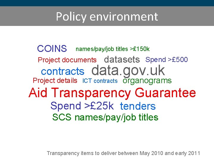 Policy environment COINS names/pay/job titles >£ 150 k Project documents contracts datasets Spend >£