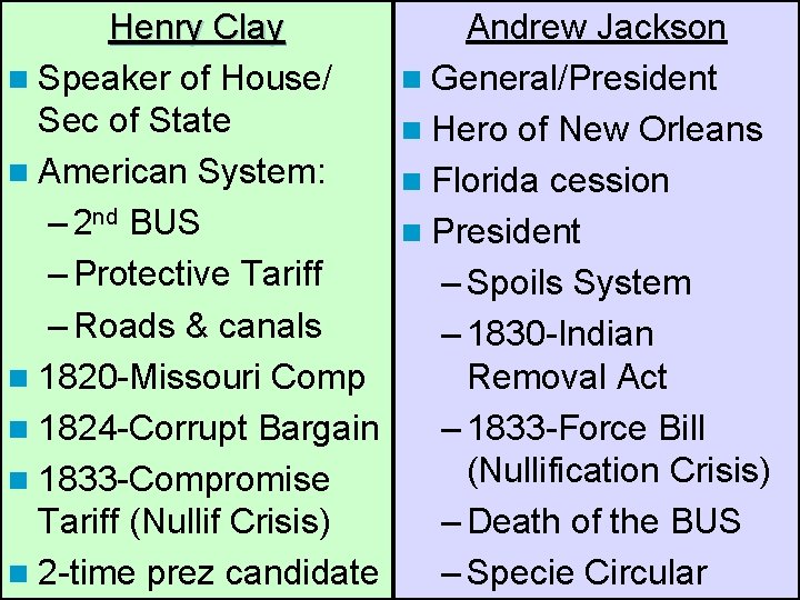 Henry Clay n Speaker of House/ Sec of State n American System: – 2