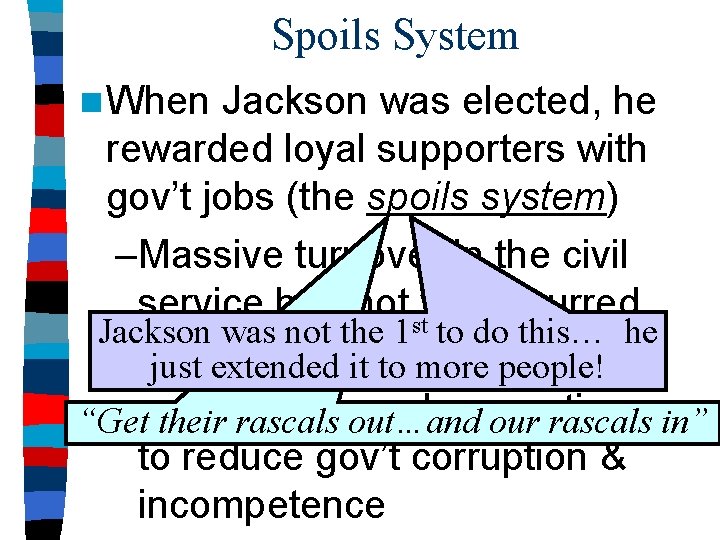 Spoils System n When Jackson was elected, he rewarded loyal supporters with gov’t jobs