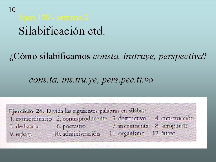 10 Span 100 - semana 2 Silabificación ctd. ¿Cómo silabificamos consta, instruye, perspectiva? cons.