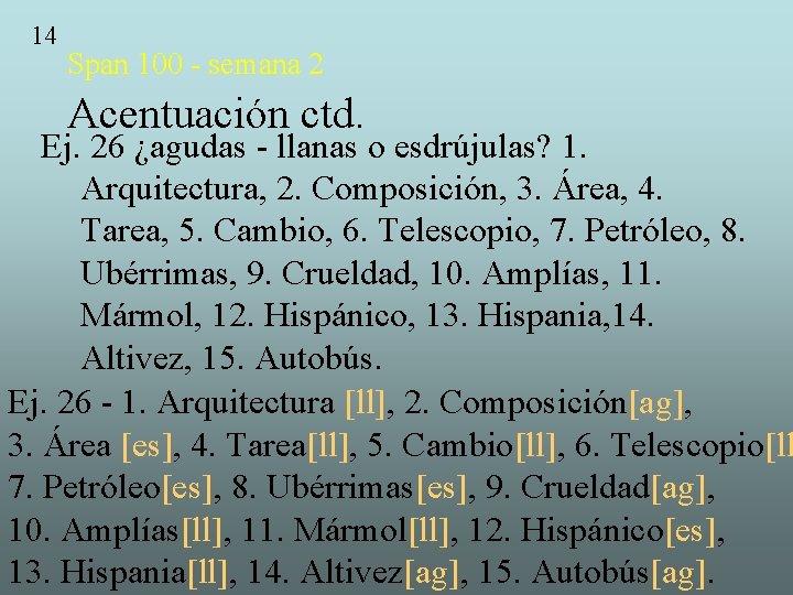 14 Span 100 - semana 2 Acentuación ctd. Ej. 26 ¿agudas - llanas o