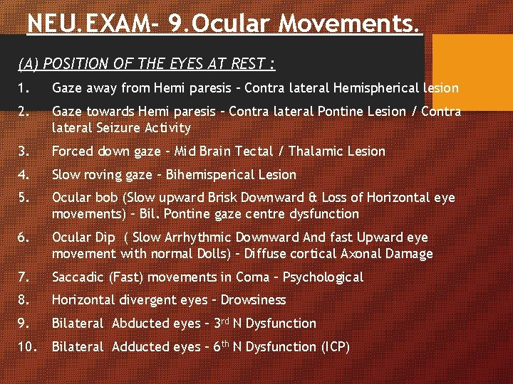 NEU. EXAM- 9. Ocular Movements. (A) POSITION OF THE EYES AT REST : 1. NEU. EXAM- 9. Ocular Movements. (A) POSITION OF THE EYES AT REST : 1.