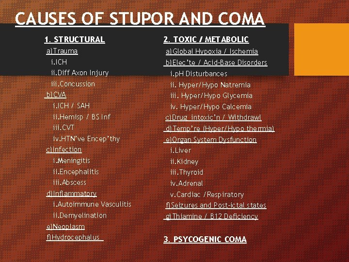 CAUSES OF STUPOR AND COMA 1. STRUCTURAL a)Trauma i. ICH 2. TOXIC / METABOLIC CAUSES OF STUPOR AND COMA 1. STRUCTURAL a)Trauma i. ICH 2. TOXIC / METABOLIC