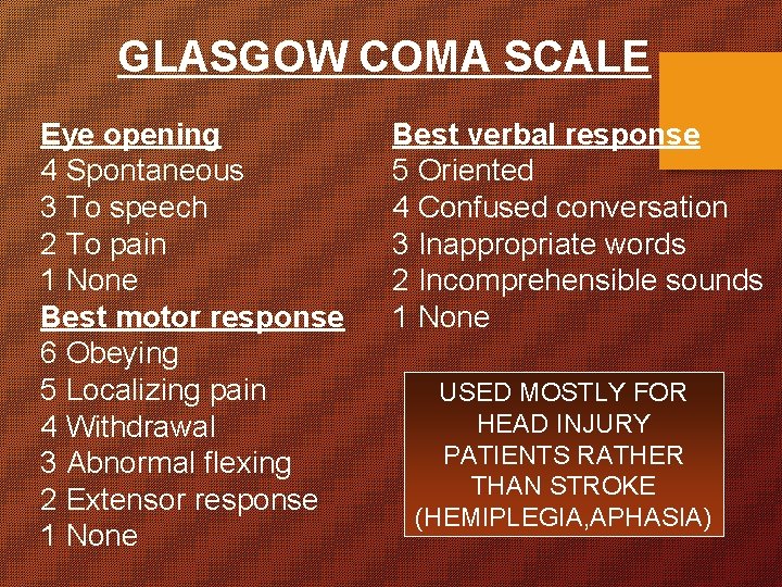 GLASGOW COMA SCALE Eye opening 4 Spontaneous 3 To speech 2 To pain 1 GLASGOW COMA SCALE Eye opening 4 Spontaneous 3 To speech 2 To pain 1