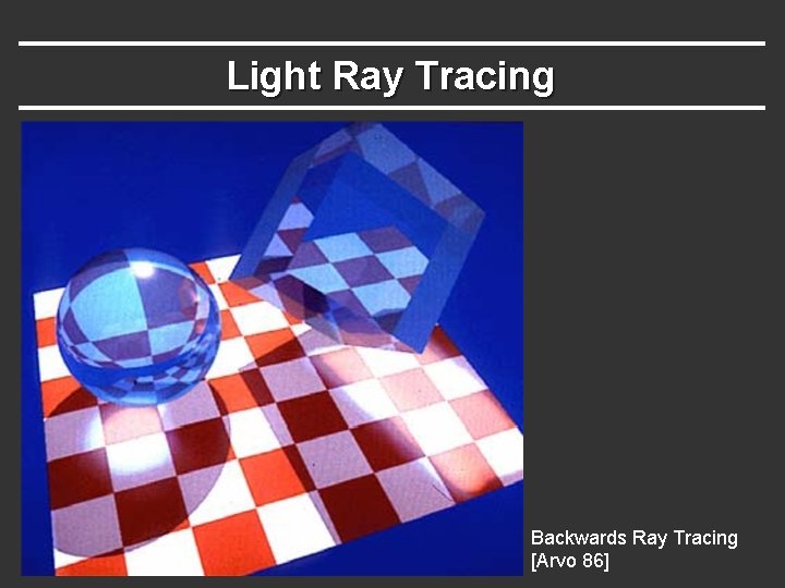 Light Ray Tracing Backwards Ray Tracing [Arvo 86] 