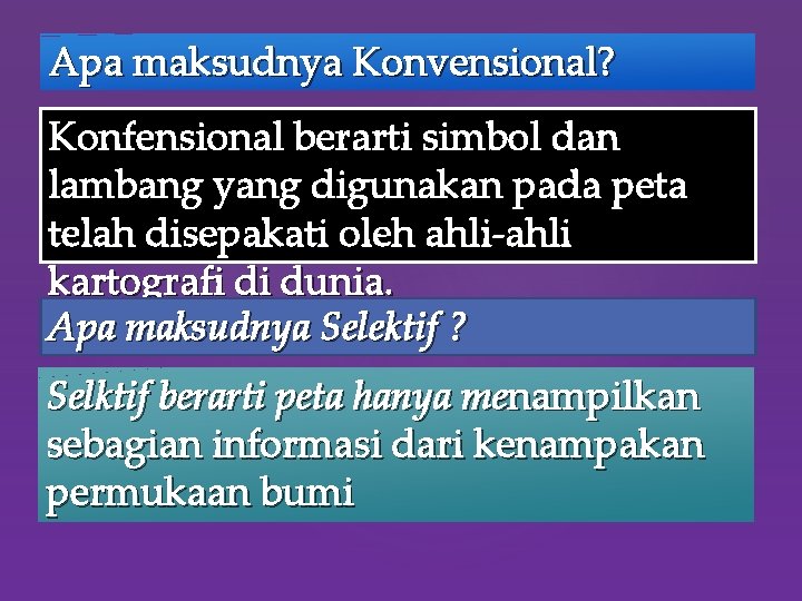 Apa maksudnya Konvensional? Konfensional berarti simbol dan lambang yang digunakan pada peta telah disepakati