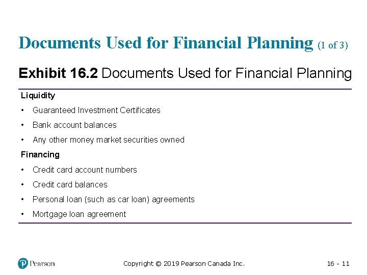 Documents Used for Financial Planning (1 of 3) Exhibit 16. 2 Documents Used for