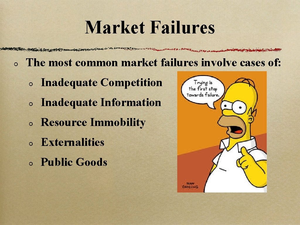 Market Failures The most common market failures involve cases of: Inadequate Competition Inadequate Information