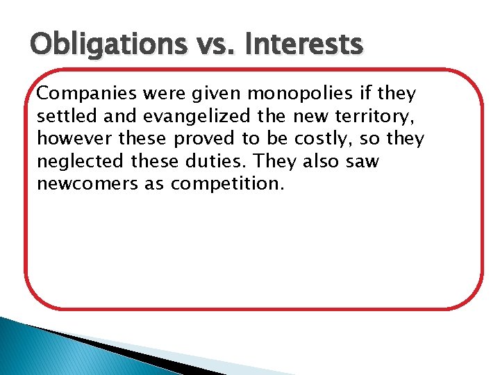 Obligations vs. Interests Companies were given monopolies if they settled and evangelized the new