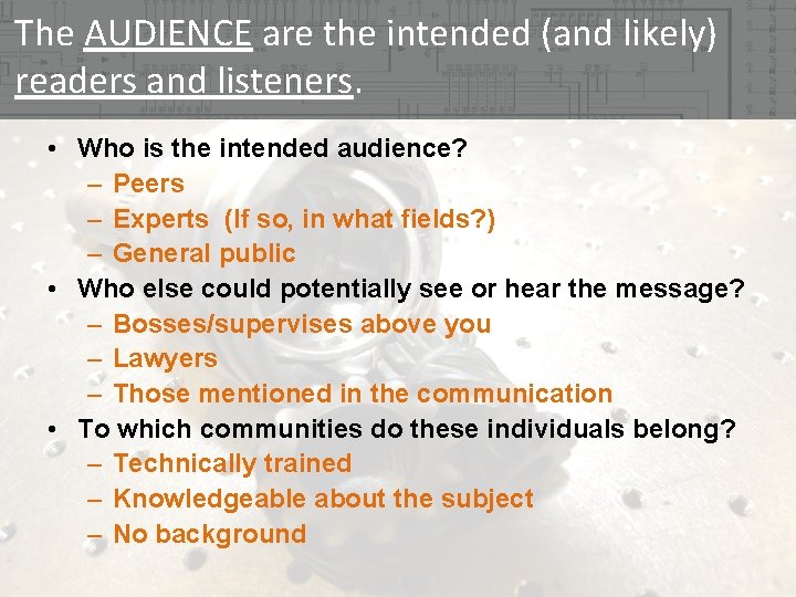 Expected Audience Examples The Art of Communication Developing a Plan in