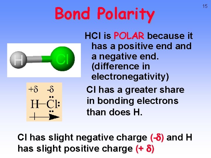 Bond Polarity HCl is POLAR because it has a positive end a negative end.