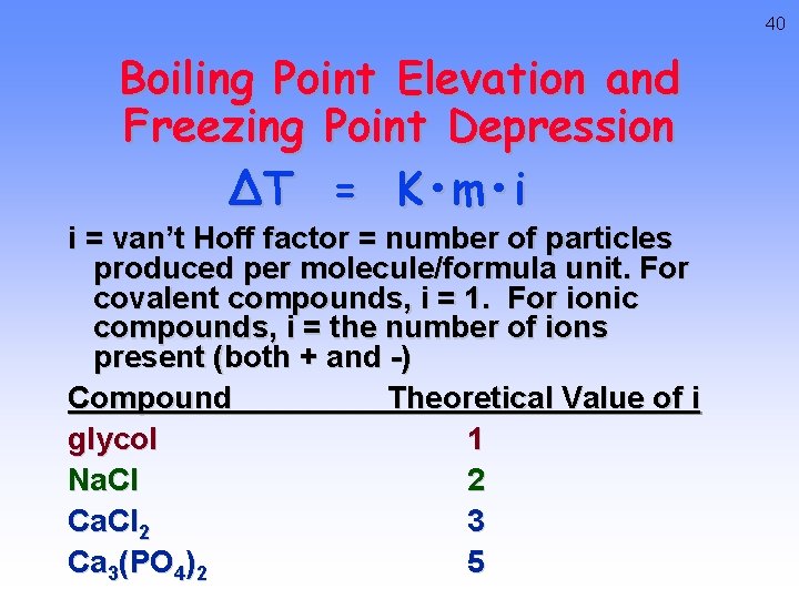 40 Boiling Point Elevation and Freezing Point Depression ∆T = K • m •