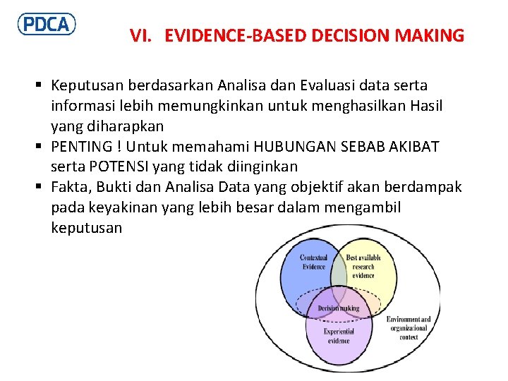 VI. EVIDENCE-BASED DECISION MAKING § Keputusan berdasarkan Analisa dan Evaluasi data serta informasi lebih