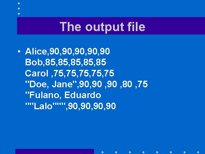 The output file • Alice, 90, 90, 90 Bob, 85, 85, 85 Carol ,