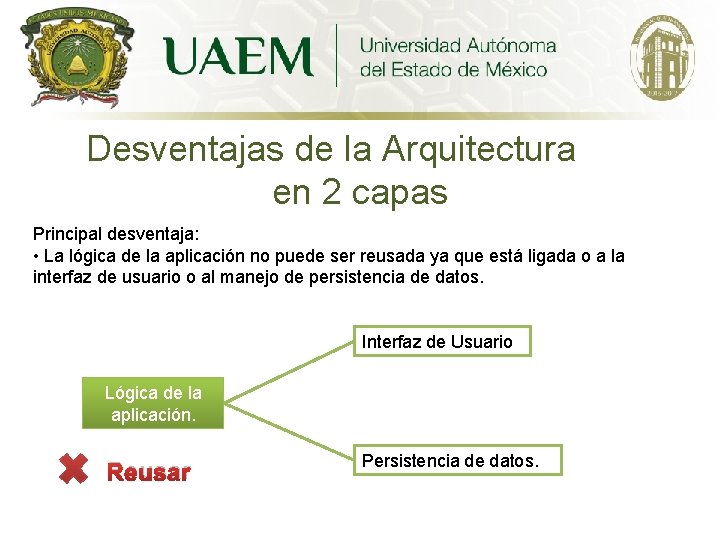 Desventajas de la Arquitectura en 2 capas Principal desventaja: • La lógica de la