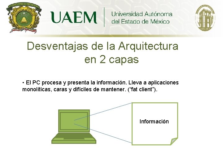 Desventajas de la Arquitectura en 2 capas • El PC procesa y presenta la