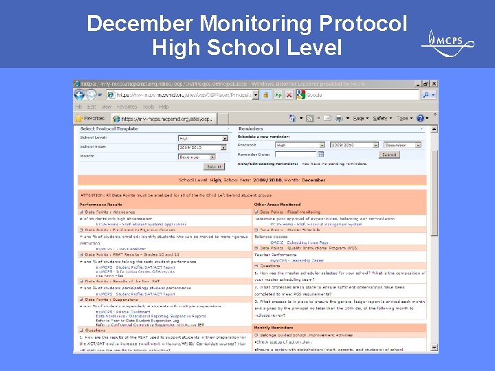 December Monitoring Protocol High School Level MONTGOMERY COUNTY PUBLIC SCHOOLS • ROCKVILLE, MARYLAND 