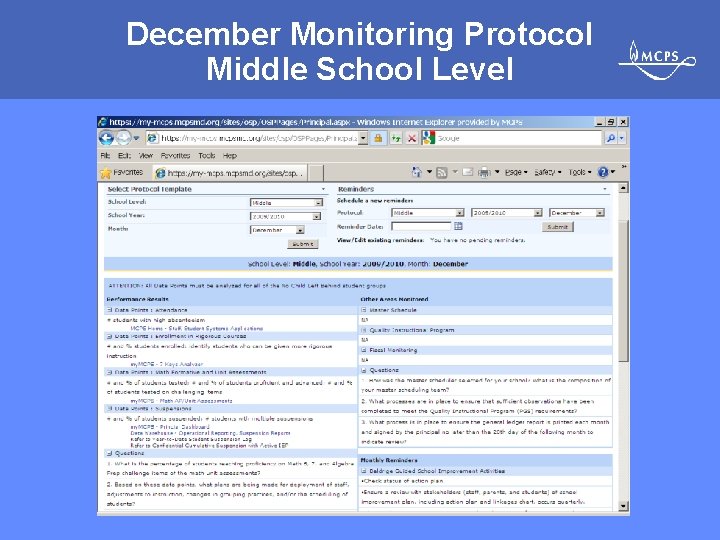 December Monitoring Protocol Middle School Level MONTGOMERY COUNTY PUBLIC SCHOOLS • ROCKVILLE, MARYLAND 