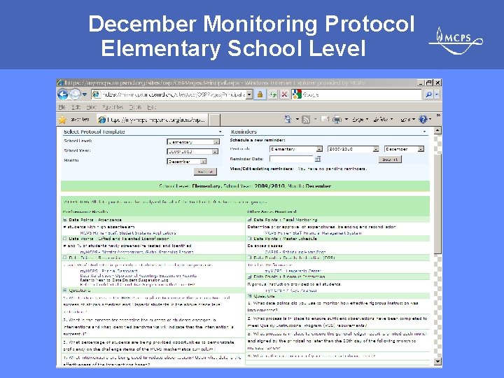 December Monitoring Protocol Elementary School Level MONTGOMERY COUNTY PUBLIC SCHOOLS • ROCKVILLE, MARYLAND 