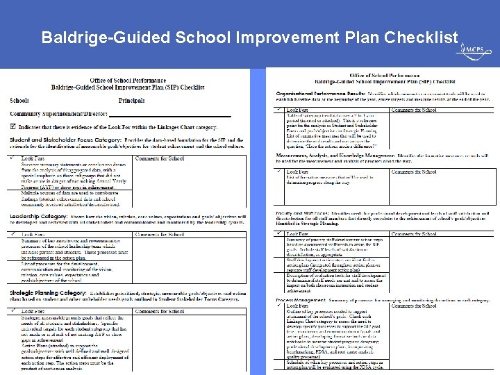 Baldrige-Guided School Improvement Plan Checklist MONTGOMERY COUNTY PUBLIC SCHOOLS • ROCKVILLE, MARYLAND 