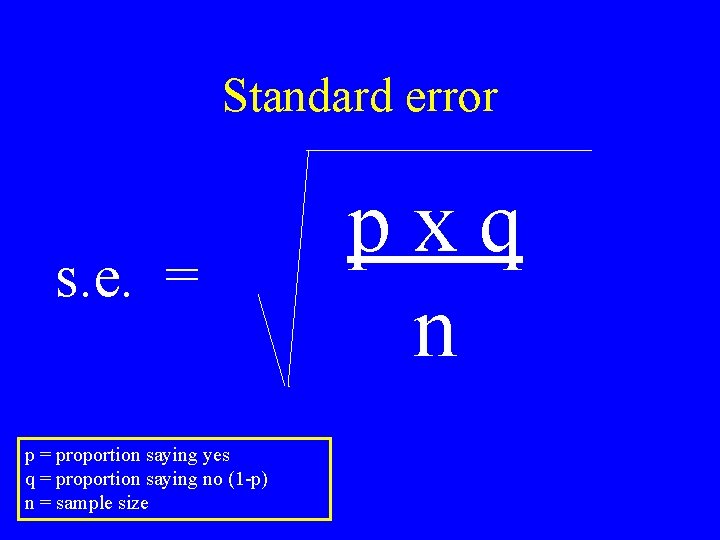 Standard error s. e. = proportion saying yes q = proportion saying no (1