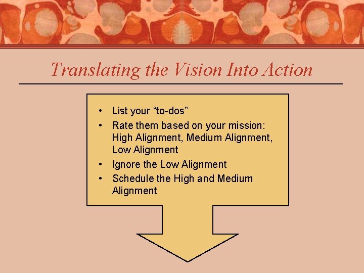 Translating the Vision Into Action • List your “to-dos” • Rate them based on Translating the Vision Into Action • List your “to-dos” • Rate them based on