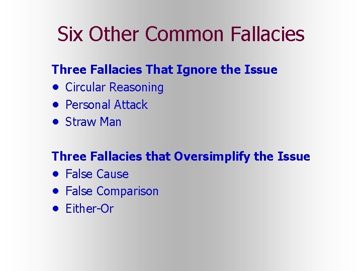 Six Other Common Fallacies Three Fallacies That Ignore the Issue • Circular Reasoning • Six Other Common Fallacies Three Fallacies That Ignore the Issue • Circular Reasoning •