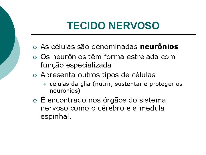 TECIDO NERVOSO ¡ ¡ ¡ As células são denominadas neurônios Os neurônios têm forma