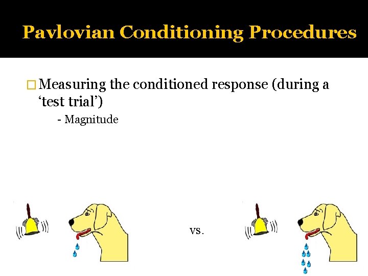 Pavlovian Conditioning Procedures � Measuring the conditioned response (during a ‘test trial’) - Magnitude