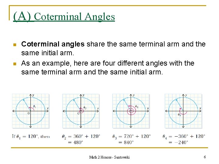 (A) Coterminal Angles n n Coterminal angles share the same terminal arm and the